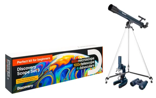 снимка комплект Levenhuk Discovery Scope 3 с книга,  2