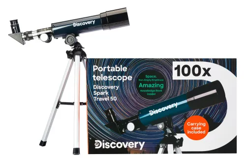 снимка телескоп Levenhuk Discovery Spark Travel 50 с книга,  2