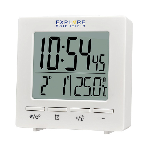 снимка цифров часовник RC Explore Scientific с показател на температурата на закрито, бял