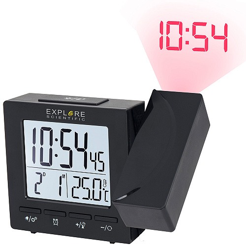 снимка цифров прожекционен часовник RC Explore Scientific с показател на температурата на закрито, черен